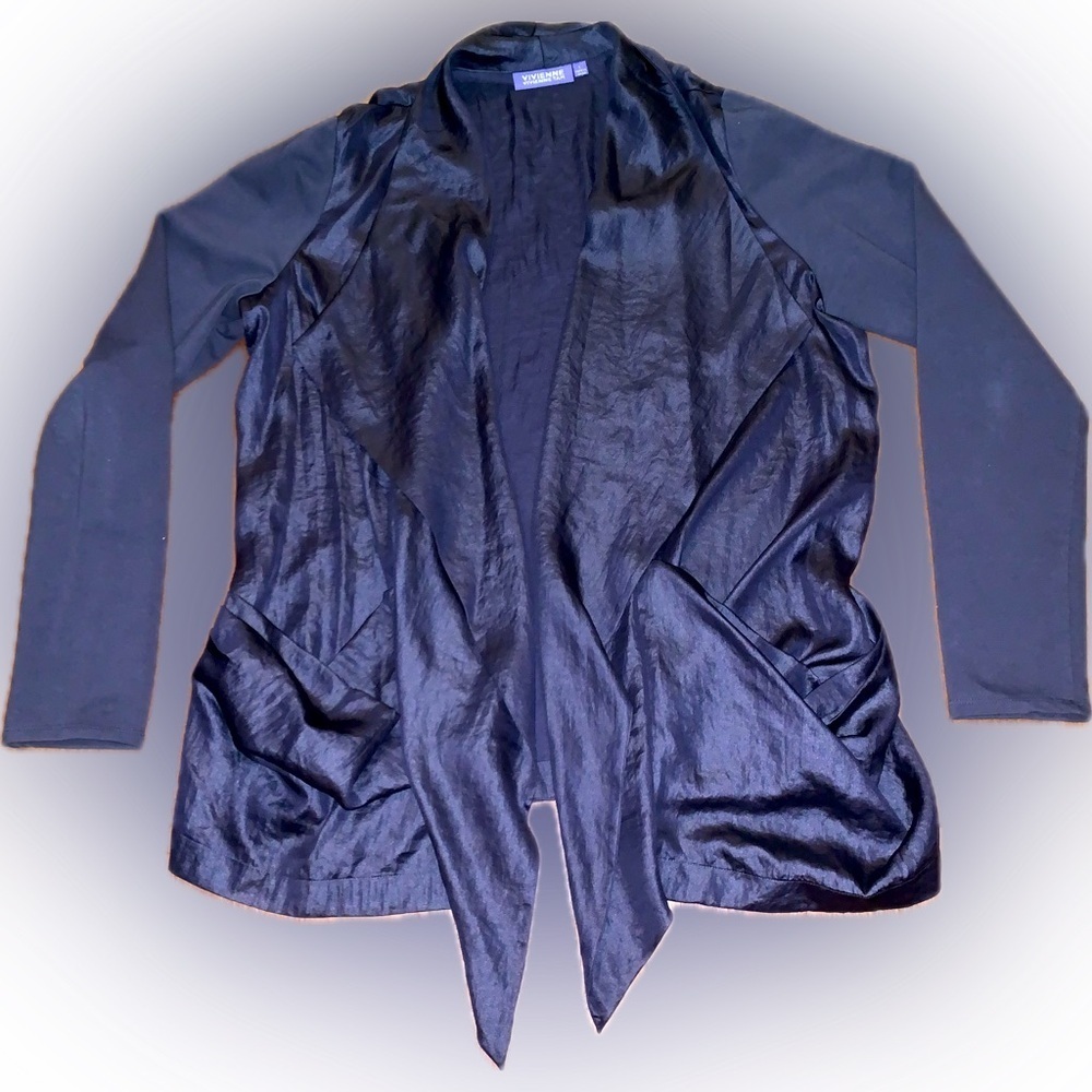 Vivienne Tam Navy Blue Shiny Two-Tone Draped Waterfall Blazer Jacket Cardigan L